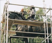 A TINTED HOT WAX IS APPLIED TO THE HARTRANFT MEMORIAL USING A BLOWTORCH